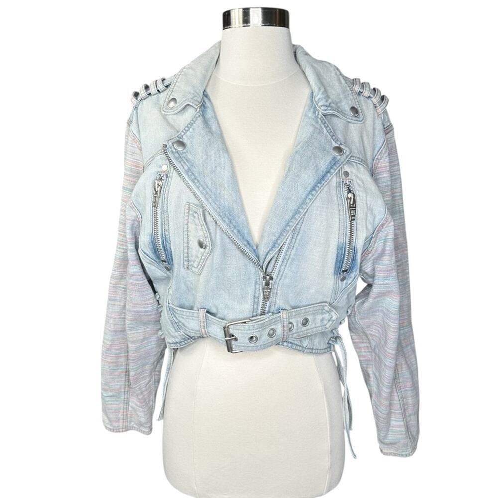 BLANK NYC Pastel Blue Belted Denim Jacket with 80s Vibe Biker Rocker Chic Small